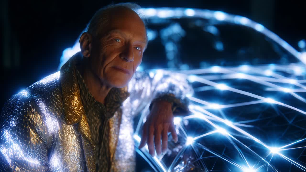 A futuristic scene showcases a distinguished figure adorned in a shimmering metallic coat, radiating with intricate light patterns alongside an advanced car featuring a glowing technology design, symbolizing innovation