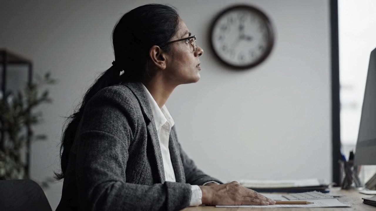 Focused Professional Female Writing at Desk with Pen, Engaged in Work or Study in Office Environment, Surrounded by Papers and Creative Surroundings