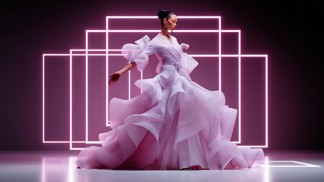 Una straordinaria sfilata di moda con un'elegante modella che indossa un sontuoso abito rosa con strati fluidi e dettagli intricati su uno sfondo moderno al neon in una presentazione artistica