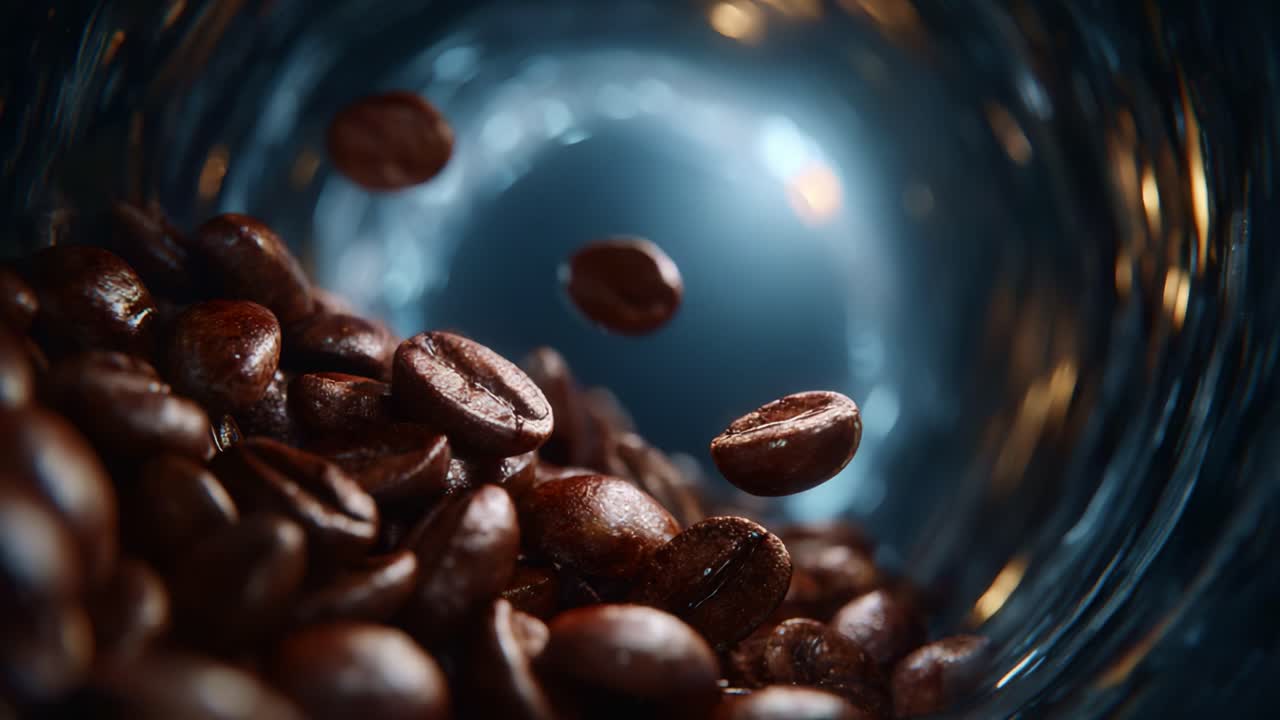 Captivating Close-Up of Roasted Coffee Beans in a Glass Container Showcasing Their Rich Color and Texture, Perfect for Coffee Lovers and Enthusiasts Alike