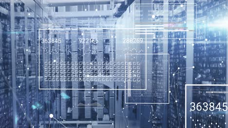 Animation-of-connected-dots-and-screens-with-number-changing-over-data-server-racks