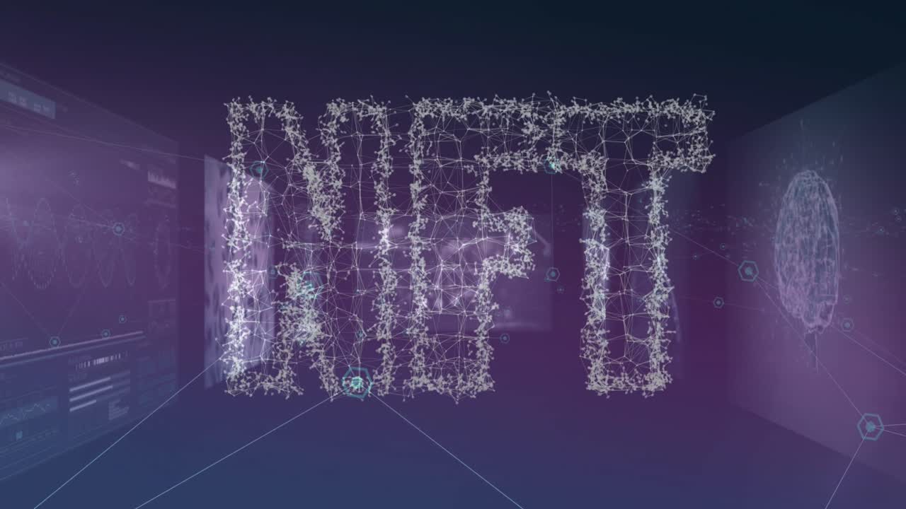 animación de nft sobre pantallas digitales con datos en fondo violeta