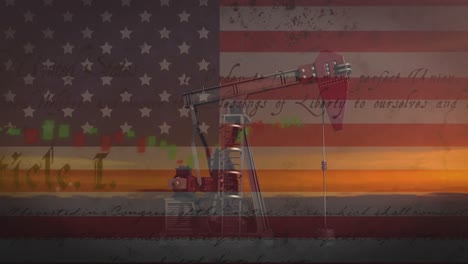 animación de la bandera de los estados unidos, texto de la constitución sobre la plataforma petrolera al atardecer.