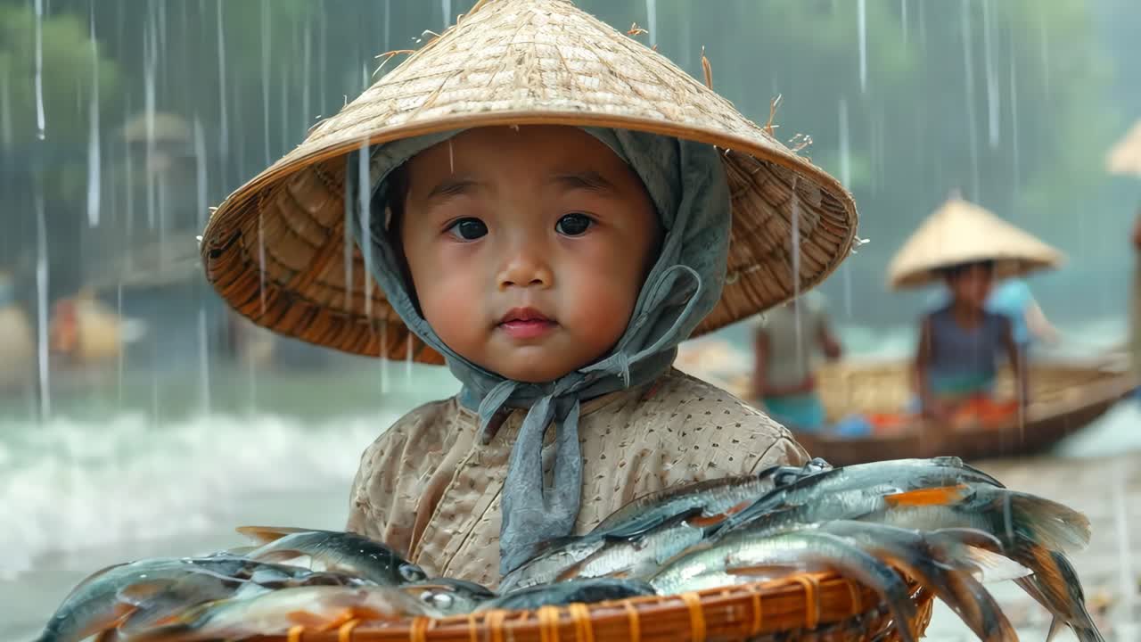 A young girl wearing a straw hat is holding a basket full of fish. The scene is set on a beach, with the girl standing in the water