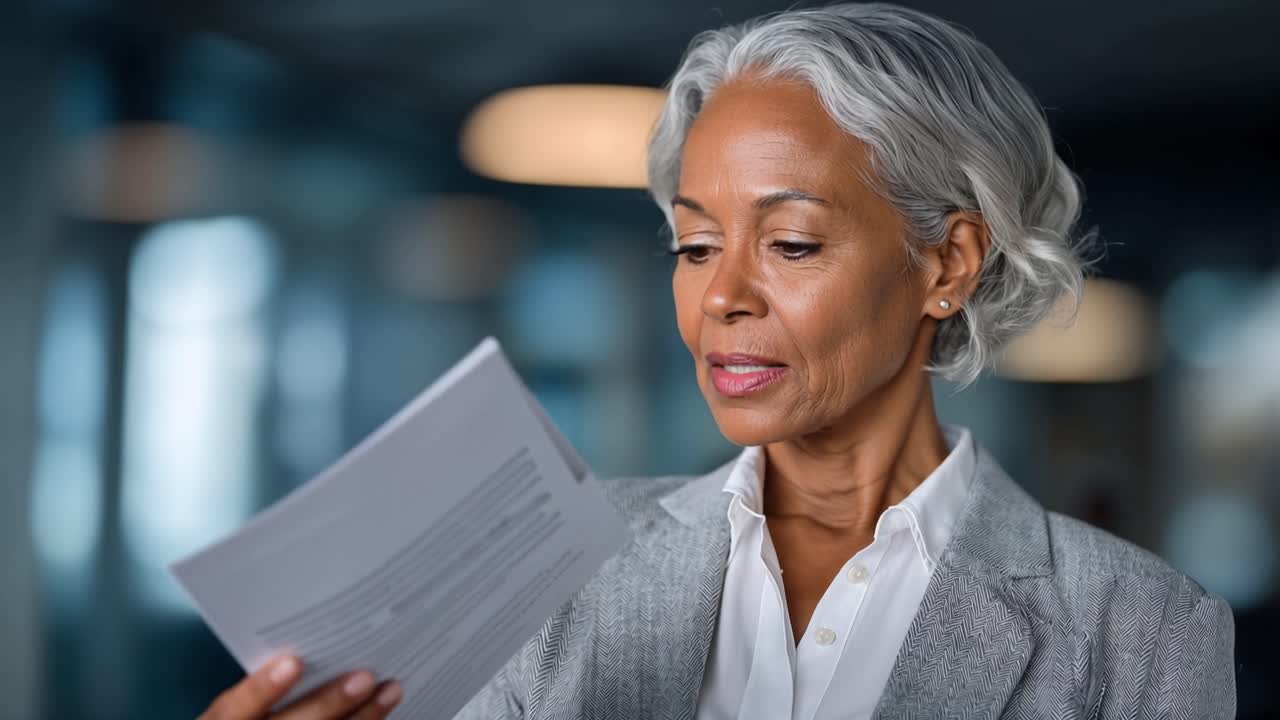 Woman holds paper, smiles warmly at camera. She looks thoughtful, reading document carefully. Professional demeanor, confident, experienced. Ideal for business, leadership, or corporate topics