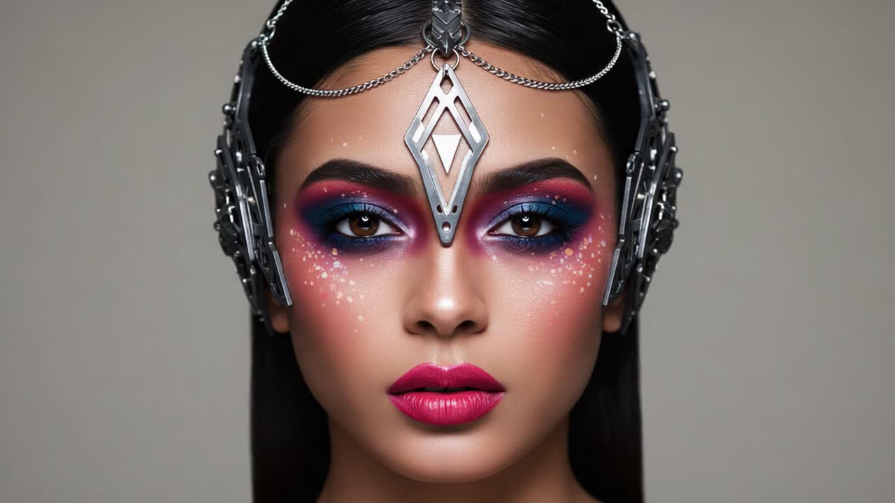 A Stunning Portrait of a Model with Bold Makeup Featuring Vibrant Colors and Intricate Accessories, Highlighting Artistic Expression and Unique Style