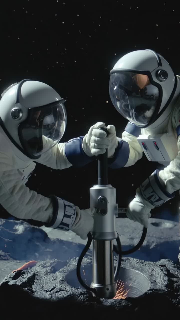 Vertikal video: Spændende optagelse af to astronauter i rumdragter, der holder fast i en boreplatform på månen og skaber spiralformede gnister