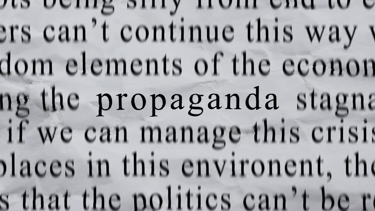 PROPAGANDA Text in Centre with High-energy Fast Text Stop-Motion Writing Cycling Rapidly on Crinkled Texture Paper. Newspaper Cuttings Style animation. 4K.