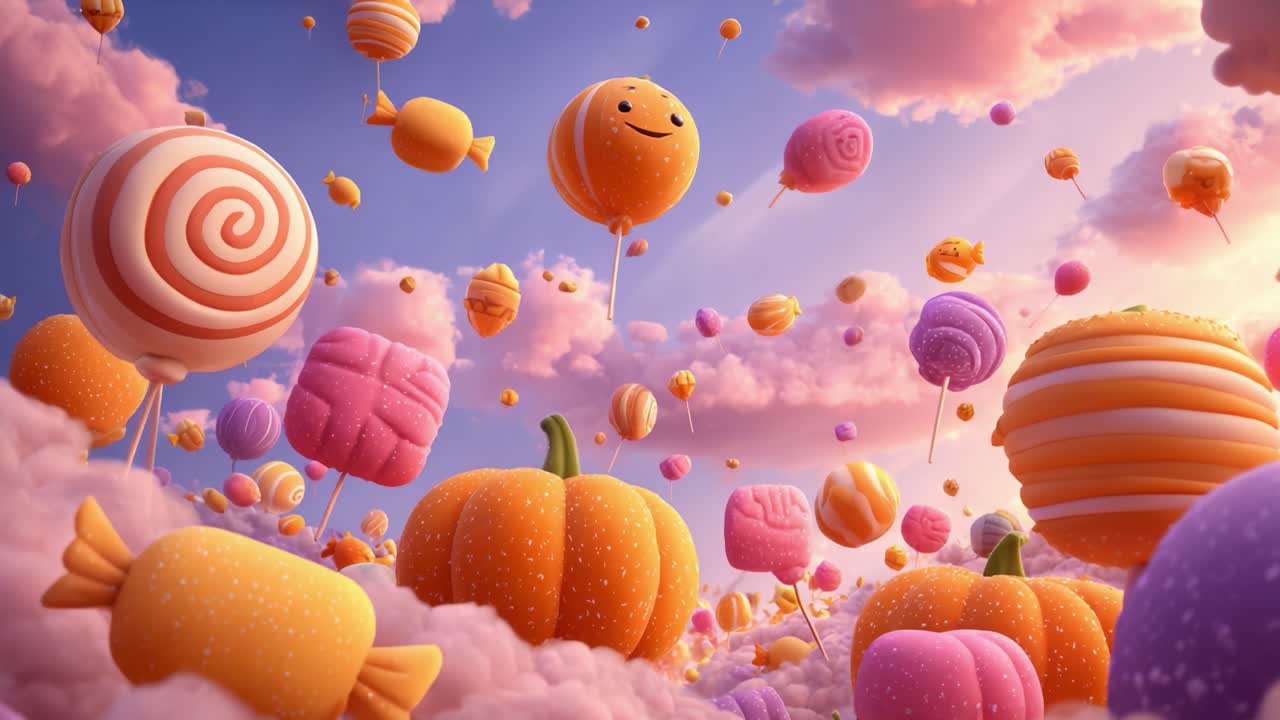 A Whimsical Paradise Filled with Colorful Balloons, Candy, and Pumpkins Floating Among Cotton Candy Clouds Under a Beautiful Hue of Twilight Sky