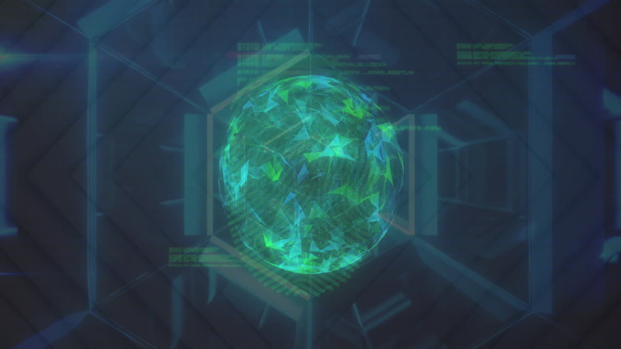 animación de un globo iluminado que gira sobre un túnel hexagonal contra un fondo negro