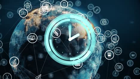 animation of clock moving over globe and network of connections