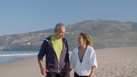 mature couple holding hands and walking along ocean coast