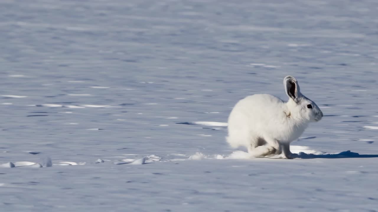 Side view of a snow hare leaping across a snowy landscape. Captured at eye level, the video