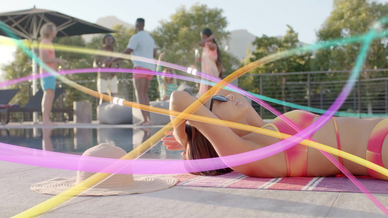 Woman at pool lying fixing shades animated streaks sweeping over her urging group talk for travel