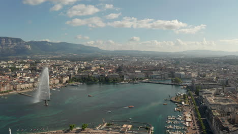 descending establishing aerial shot of la rade lake central geneva