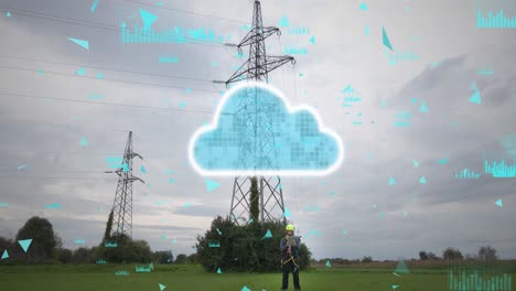 electrical engineer near electricity pylon uploads data to cloud. smart grid technology with 3d animation of digital cloud