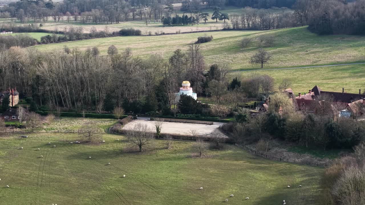 Aerial view of Waddesdon Manor's Wedding Cake house in lush countryside