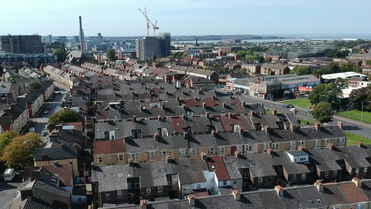 Aerial houses view of Kensington area situated in east of Liverpool, UK.