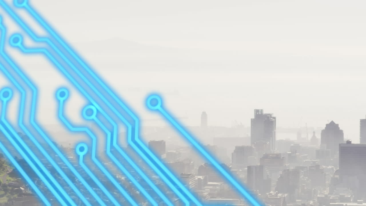 Animation of circuit board and data processing over cityscape