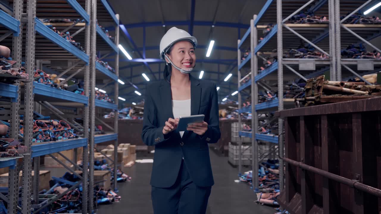 Vista frontale di una donna d'affari asiatica che usa un tablet mentre cammina e si guarda intorno in un magazzino industriale di rottami metallici e riciclaggio.