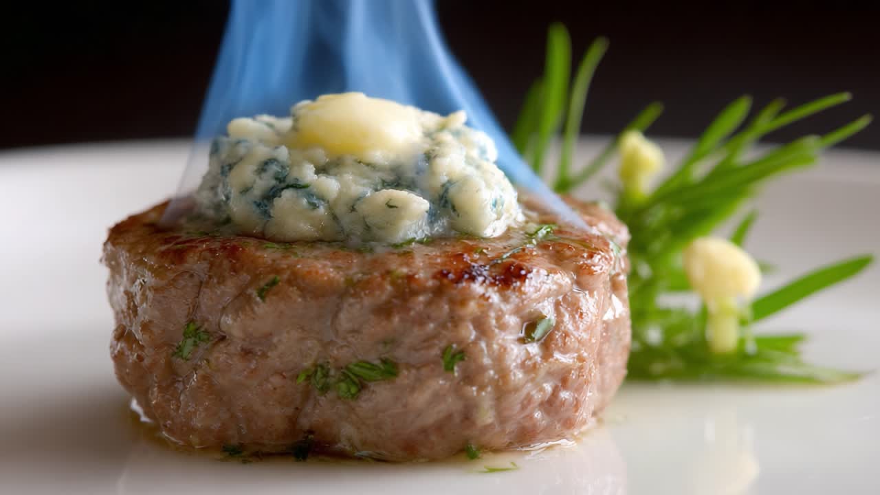 A Gourmet Experience: Succulent Steak with Melted Blue Cheese and Aromatic Herbs presents a Culinary Artistry with Smoke Rising, Perfectly Grilled to Perfection