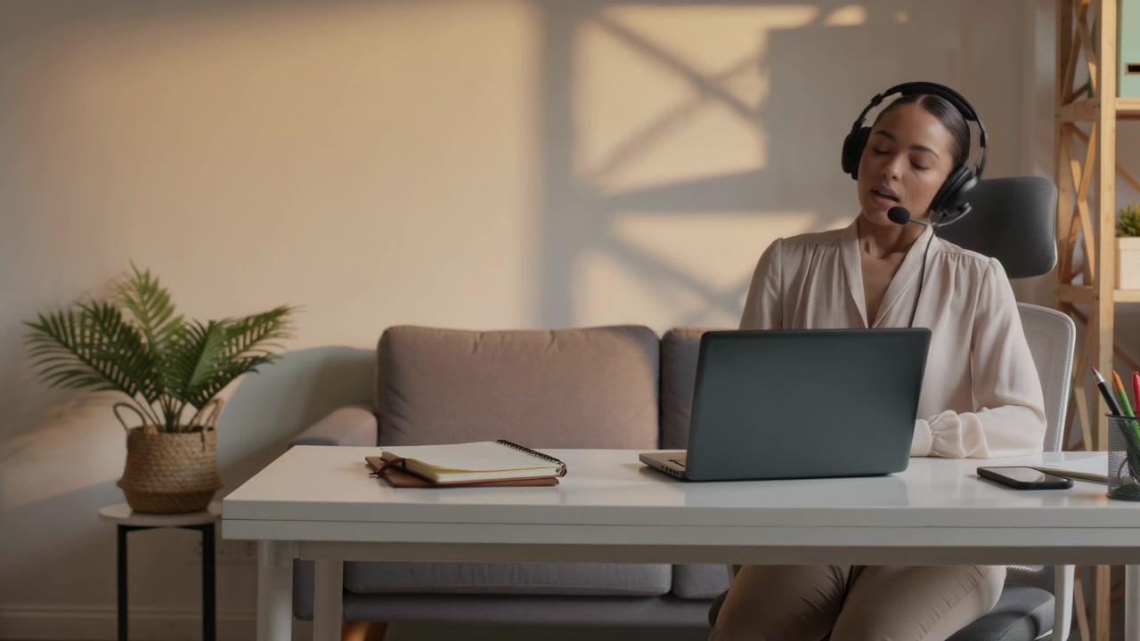 Starting woman in light blouse, answering incoming call at home, adjusting headset using laptop