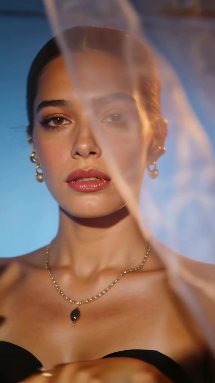 Video verticale: Donna che si gira a comando, mostrando orecchini e collana d'oro in studio, indossando un top senza spalline