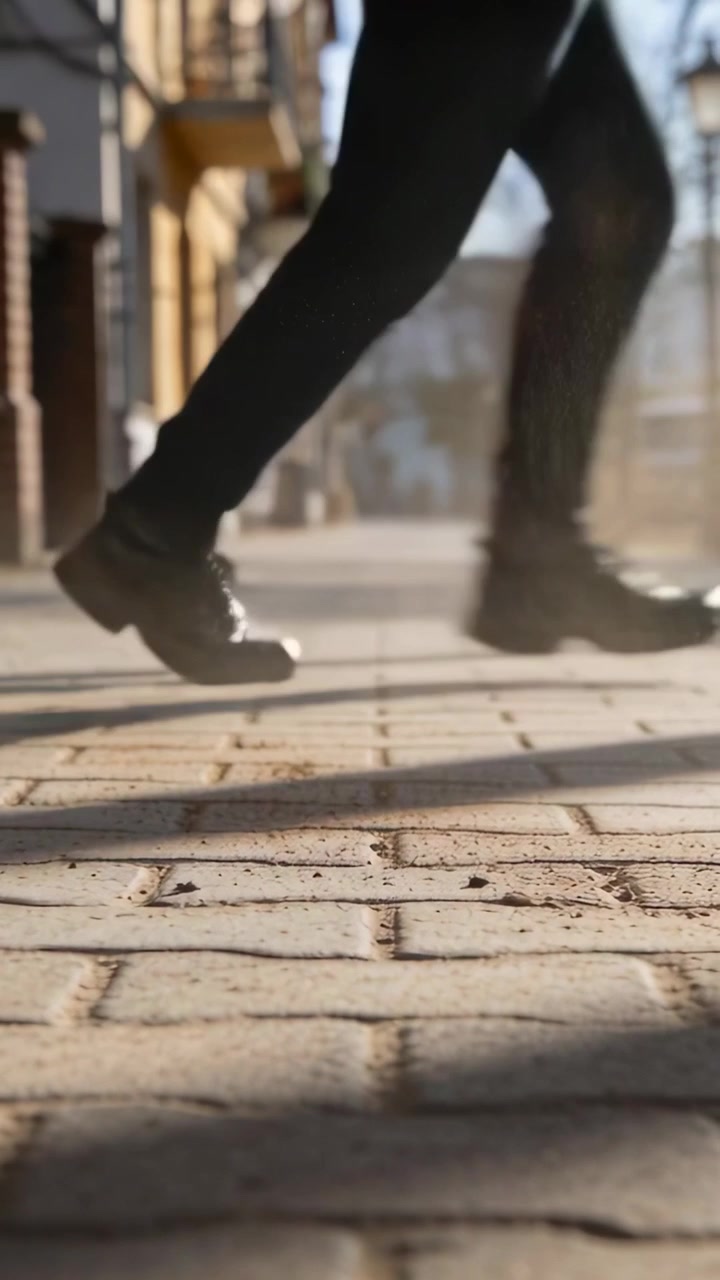 Video verticale: Scarpa nera che colpisce un mattone sollevando polvere, persona che cammina con pantaloni scuri, spazio per il testo