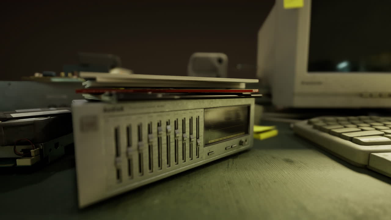 Old computer parts creating a nostalgic atmosphere in a dimly lit workspace