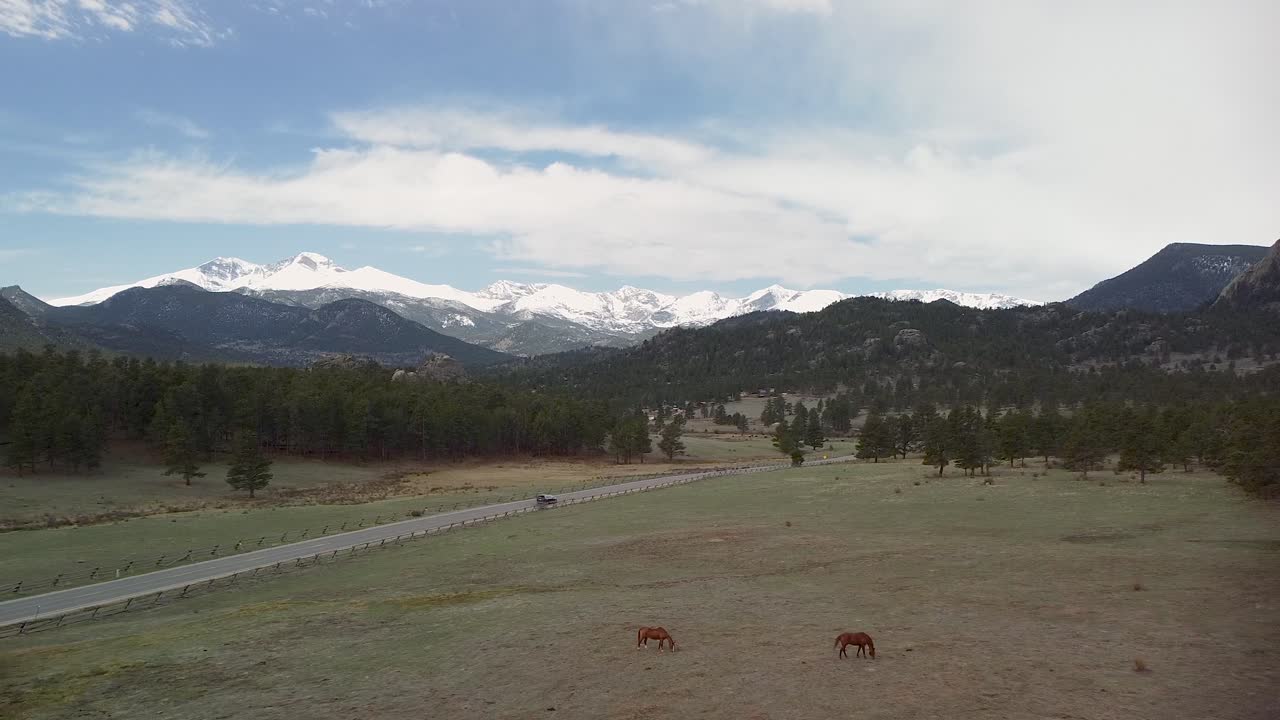 Luftfoto af græssende heste på en ranch-græsmark med bjerge i baggrunden, Rocky Mountains, Estes Park, Colorado