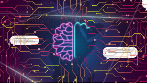 Animation of ai chat and data processing over circuit board background