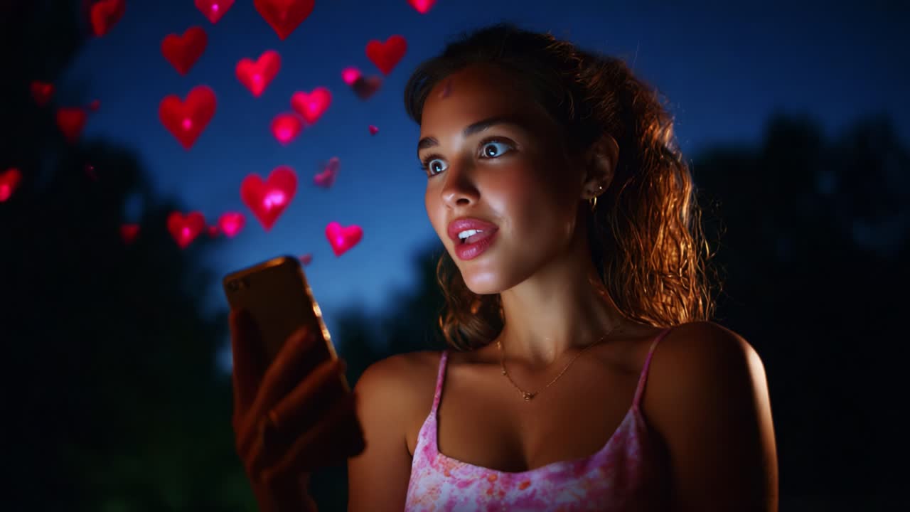 A young woman gazes at her smartphone, illuminated in soft light, as vibrant red hearts float around her, capturing the enchanting moment of connection, love, and technology in a picturesque evening setting