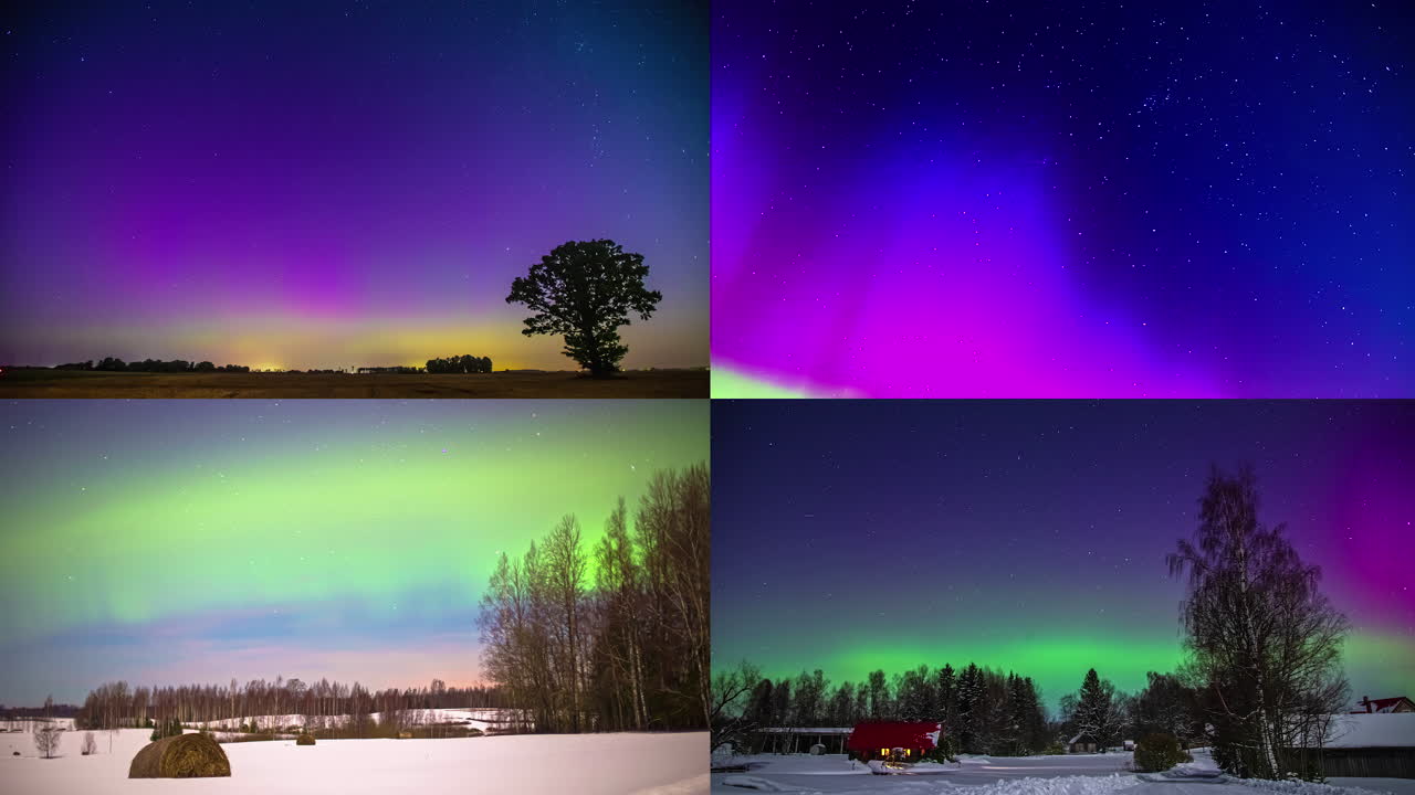 tiro de lapso de tiempo de aurora borealis auroras boreales en cuatro pantallas divididas durante el invierno nevado en la noche