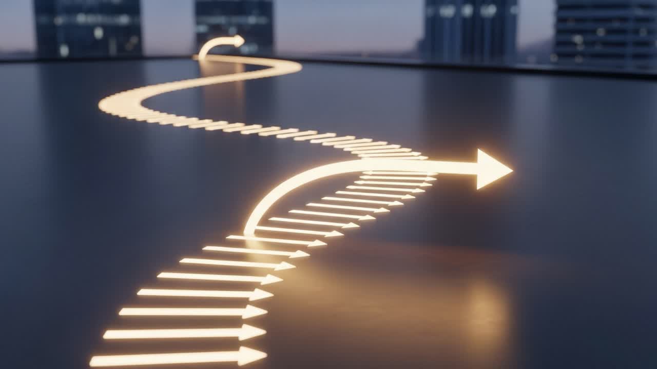 A Dynamic Perspective of Illuminated Trail Arrows Guiding Forward on a Modern Surface Against a Cityscape Background at Dusk