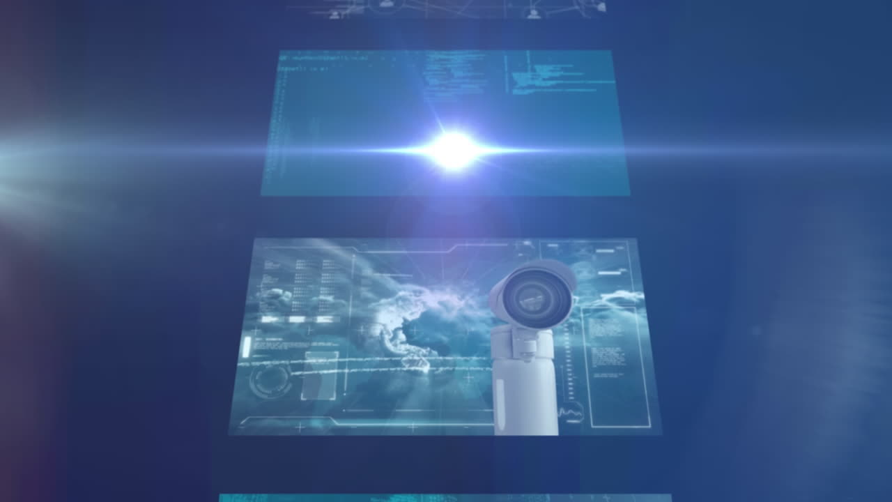 animación del procesamiento de datos en pantallas de interfaz en cascada, con foco móvil