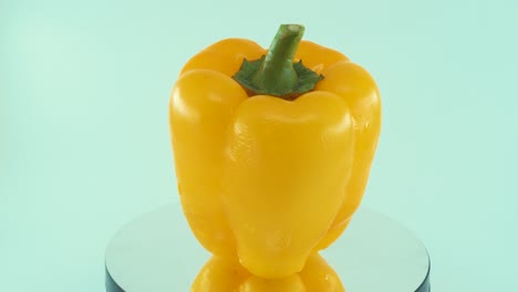 a close up shot of a sweet yellow wet pepper on a reflecting rotating stand 360, slow motion, 4k