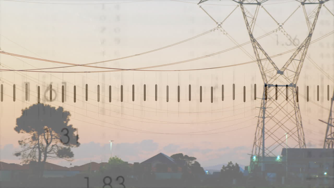 Transmission tower with power lines and measurement scale overlay at sunset sky