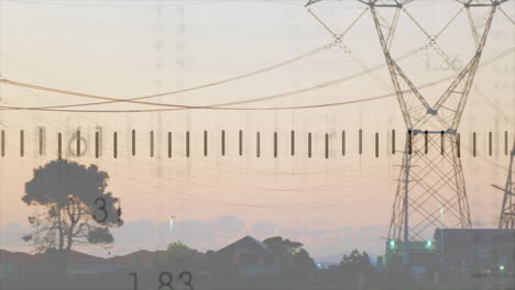 transmission tower with power lines and measurement scale overlay at sunset sky