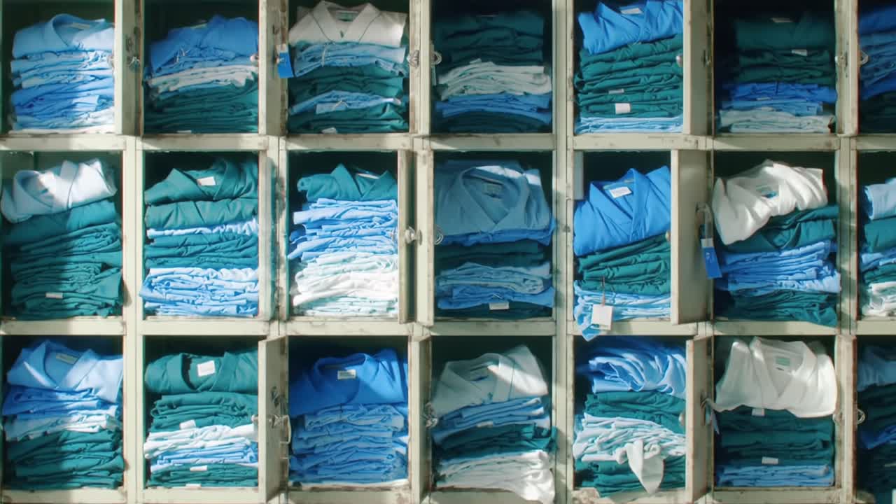 Organized Rows of Folded Scrubs Displayed in Storage Cabinets, Showcasing a Variety of Colors and Neatly Arranged Medical Attire for Easy Access