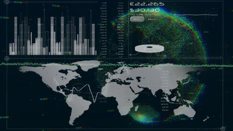 Animación-Del-Globo-Sobre-Diagramas-Y-Mapa-Mundial-Sobre-Fondo-Negro