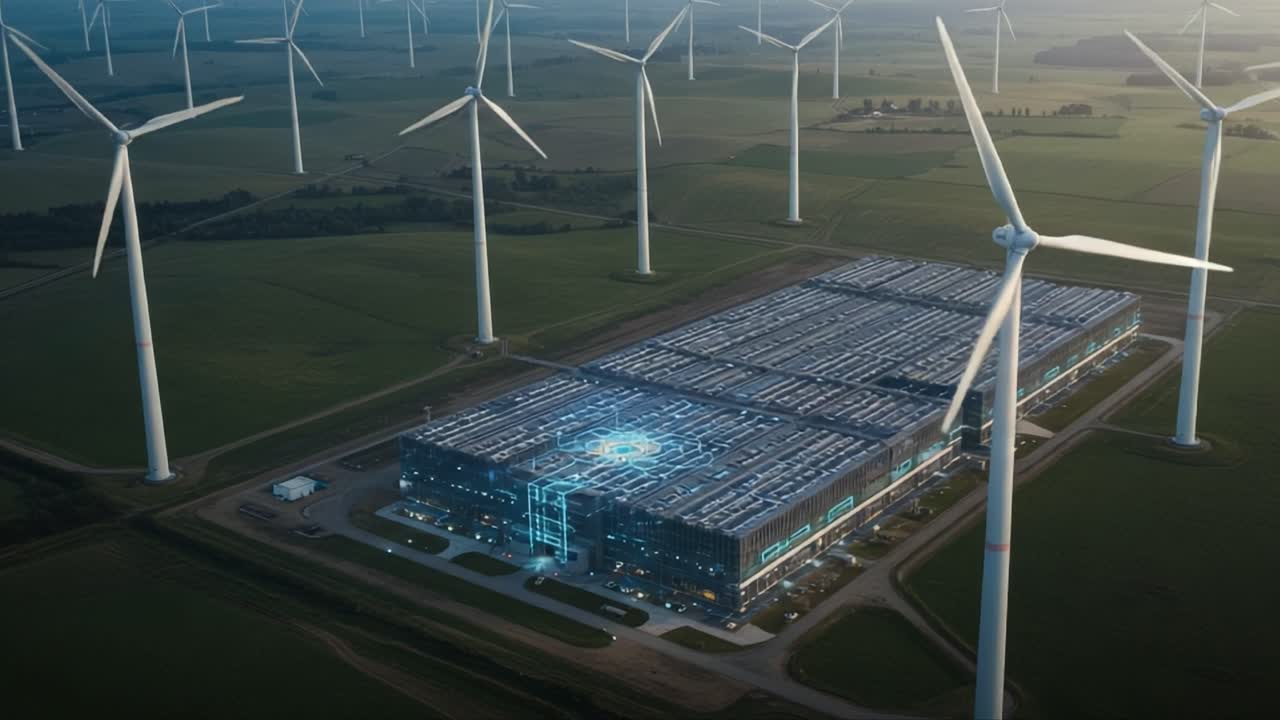 Aerial View of a Modern Industrial Facility Surrounded by Wind Turbines, Highlighting Sustainable Energy Solutions and Technological Advancements in Manufacturing