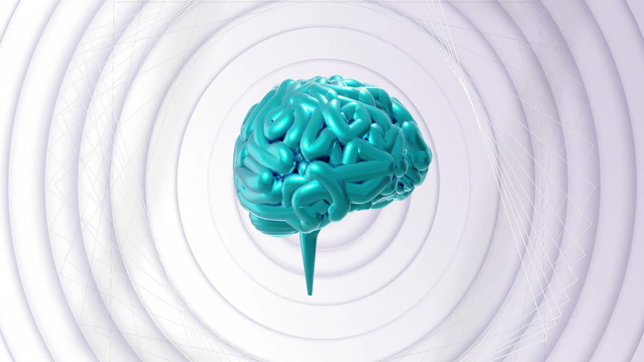 Animation of rotating blue brain over concentric rotating grey rings