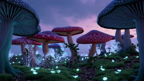 enchanted glowing mushroom forest at twilight