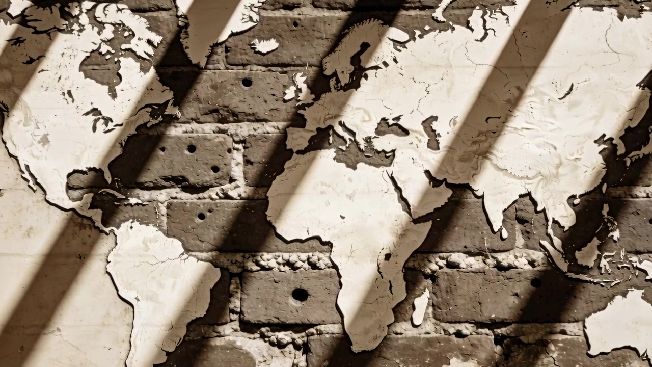 Light entering slats moving angled shadows across map mural on brick wall, revealing continents