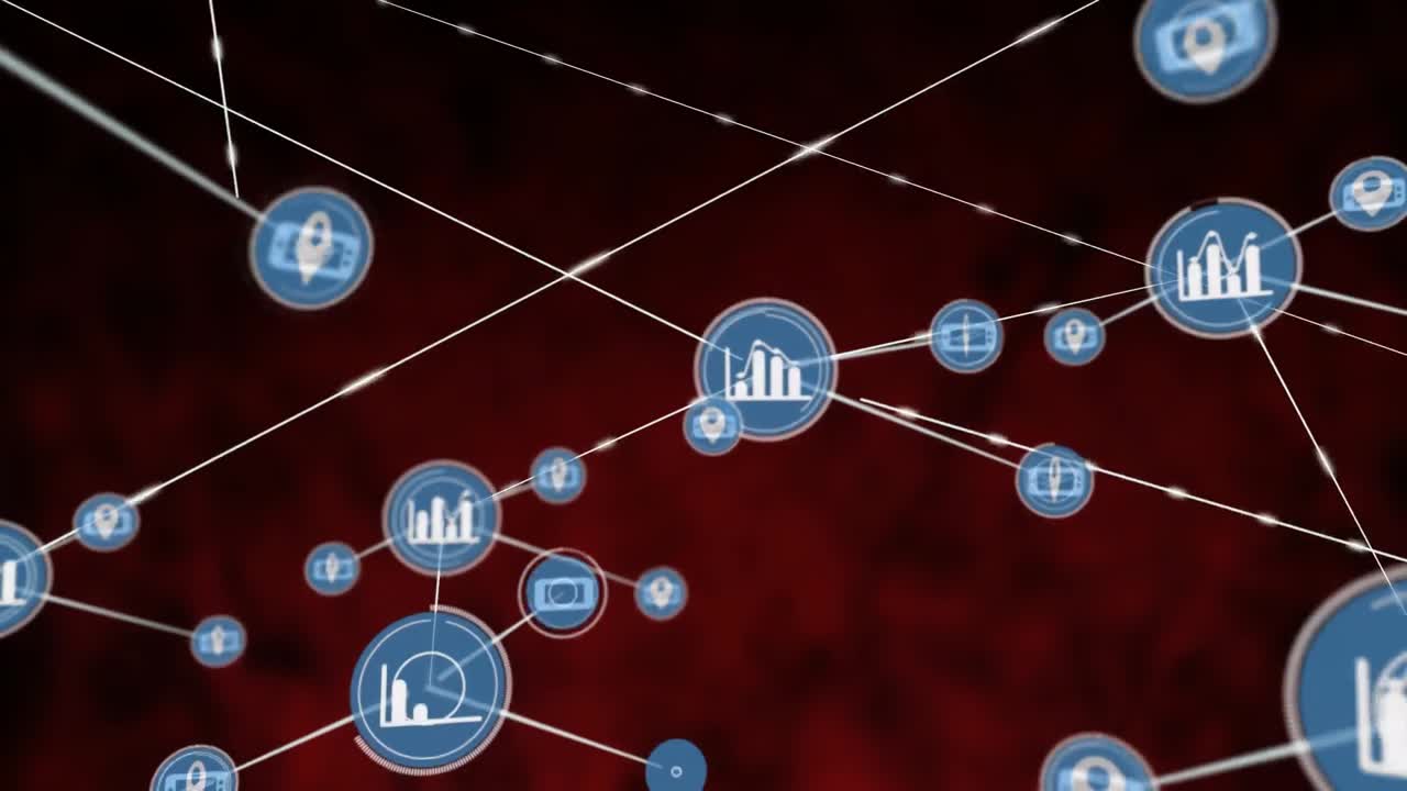 Animation of network of digital icons against red background