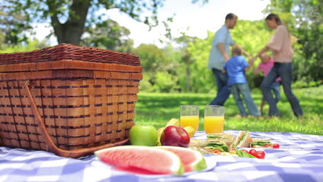 family jumping in a cirlcle in the background with a platter on a picnic basket in the foreground