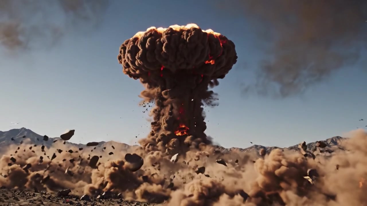 A Spectacular Display of Explosive Power: From Initial Detonation to Devastating Mushroom Cloud in an Arid Landscape