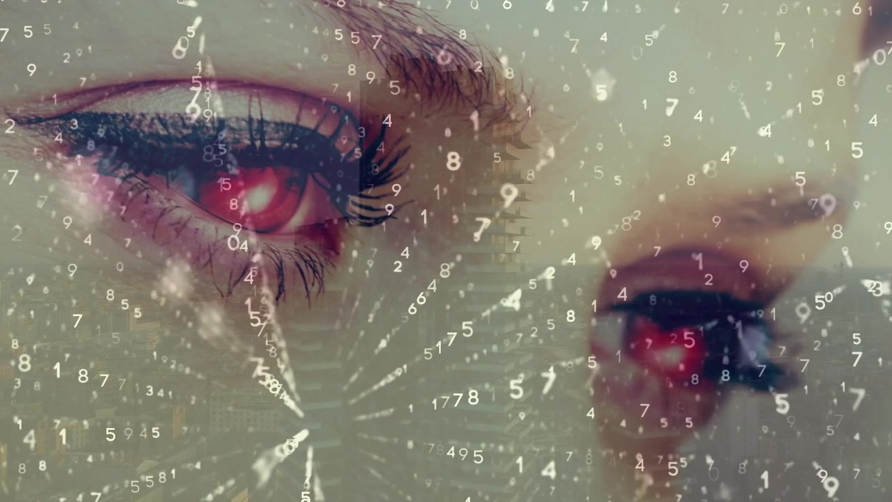 Close-up of Human Eyes Overlaid with Digital Data and Cityscape