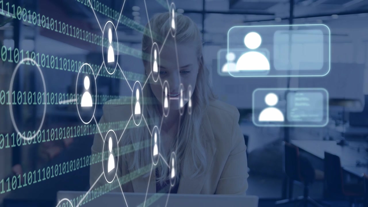Woman typing laptop in office, starting binary code and user icons forming tech network for hiring