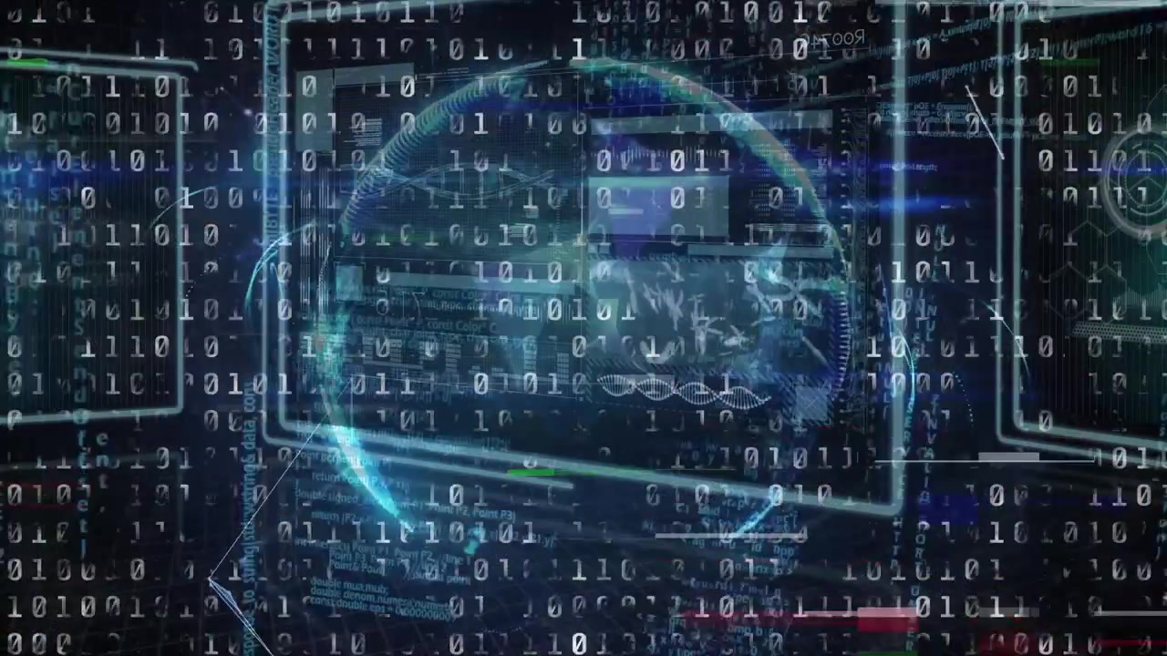 Animation of data processing over screens on dark background